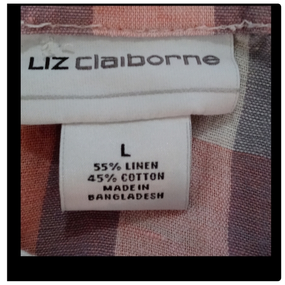 Neutral Check Print Linen Cotton Blend Gray White Peach Orange Top Size Large● - Picture 14 of 16